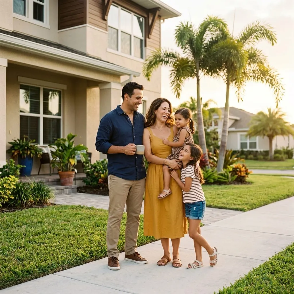 Family of four laughing together in front of their Florida home